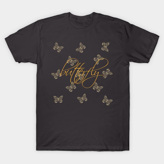 Gold & Cream Butterflies Pattern T-Shirt by technotext